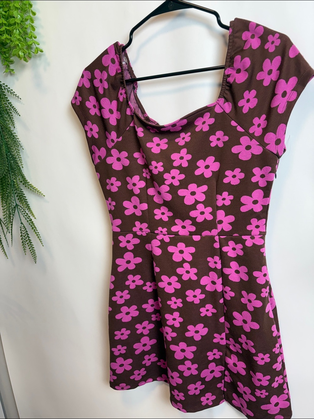 Pink and Brown Square Neck Cap Sleeve Mini Sundress